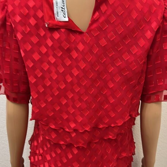 Ann Hobbs For Cattiva Dress Red Square Neck Short Sleeve Sheer Ruffle Midi Lined - Picture 9 of 11